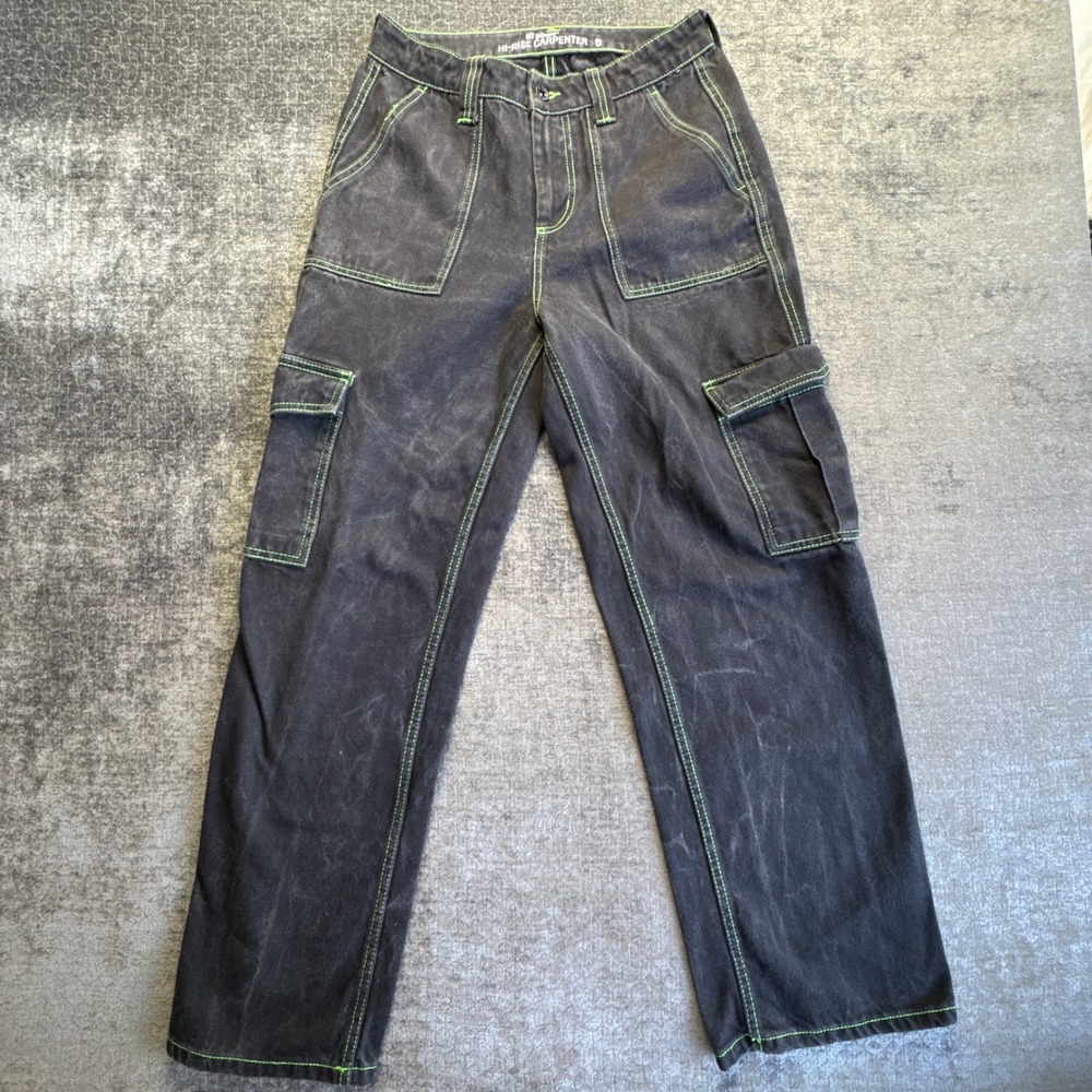 HT Denim Hi-Rise Carpenter Cargo Jeans Womens 5 Black Neon Green Contrast Stitch
